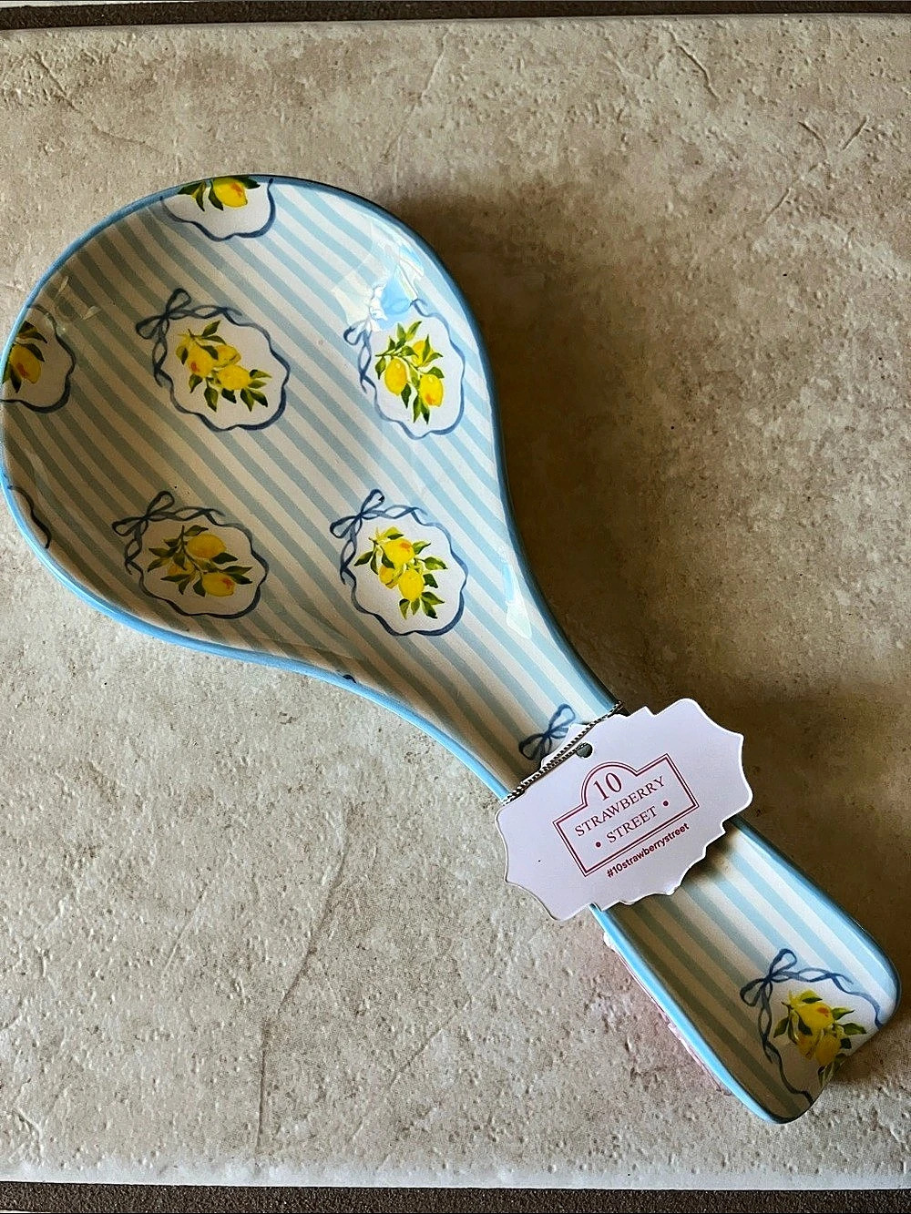 10 Strawberry Street Lemons Blue Bows & Stripes Spoon Rest NWT